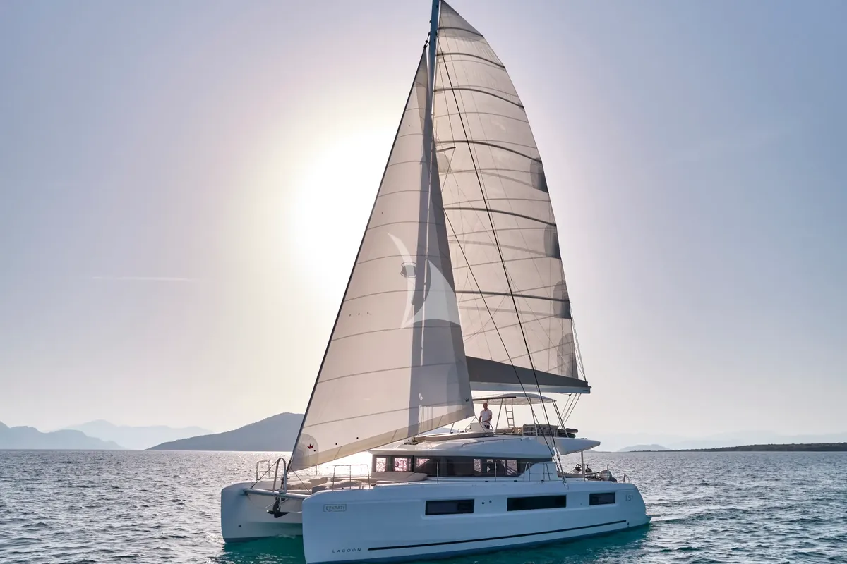 Exterior view of Efkrati, a Lagoon 51 catamaran at Athens, Greece