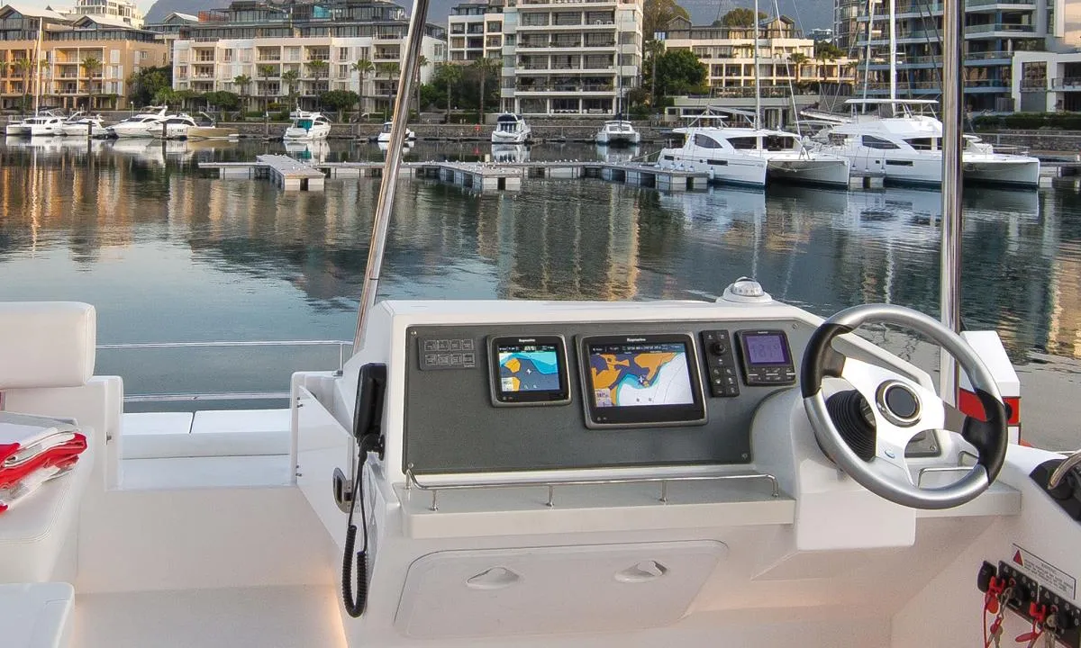 Cockpit of Moorings 433 PC Club, a Leopard 43 PC catamaran at Općina Marina, Croatia