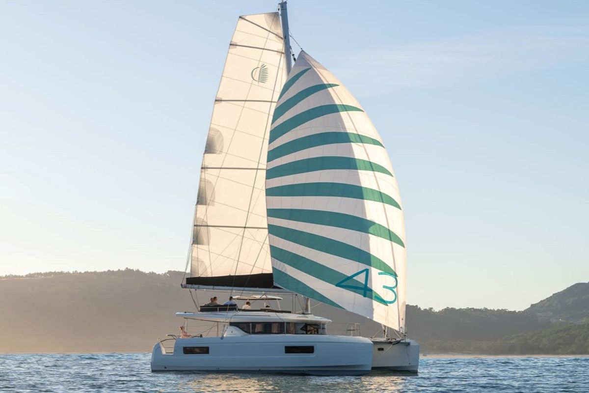 Exterior view of REA, a Lagoon 43 catamaran at Athens, Greece