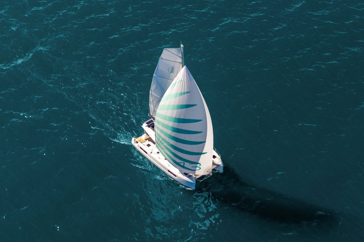Exterior view of REA, a Lagoon 43 catamaran at Athens, Greece