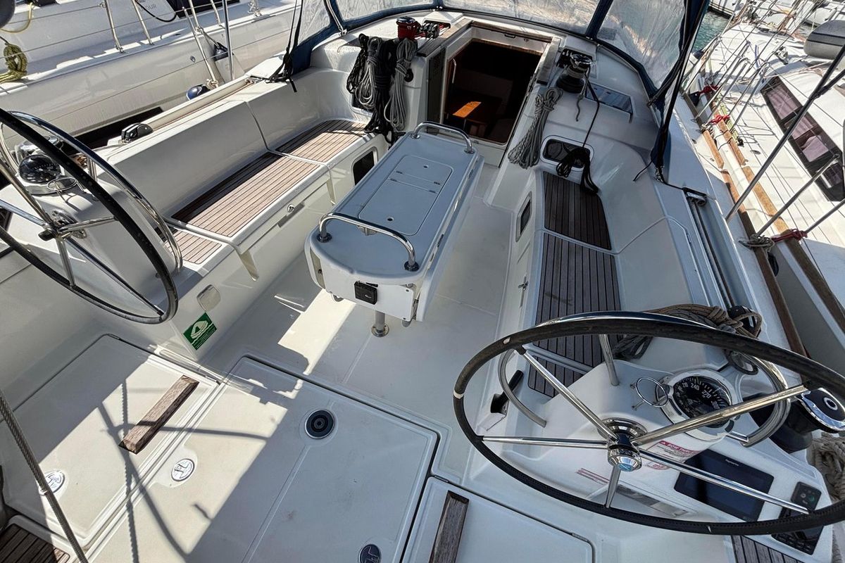 Cockpit of Moonlight, a Jeanneau Sun Odyssey 479 sailboat at Grad Pula, Croatia