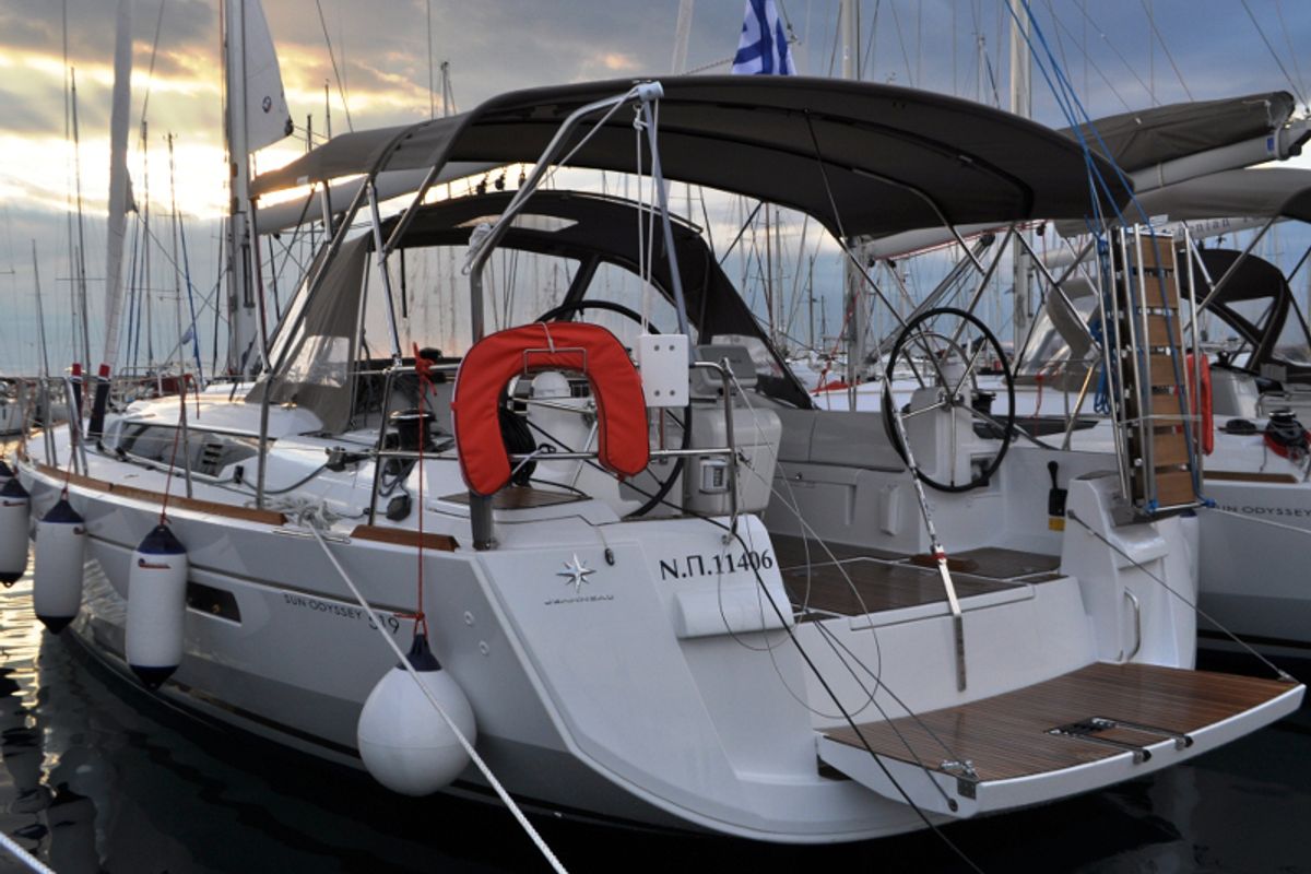 Exterior view of Ekaterina, a Jeanneau Sun Odyssey 519 sailboat at Marina Delta Kallithea, Greece