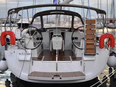 Cockpit of Ekaterina, a Jeanneau Sun Odyssey 519 sailboat at Marina Delta Kallithea, Greece