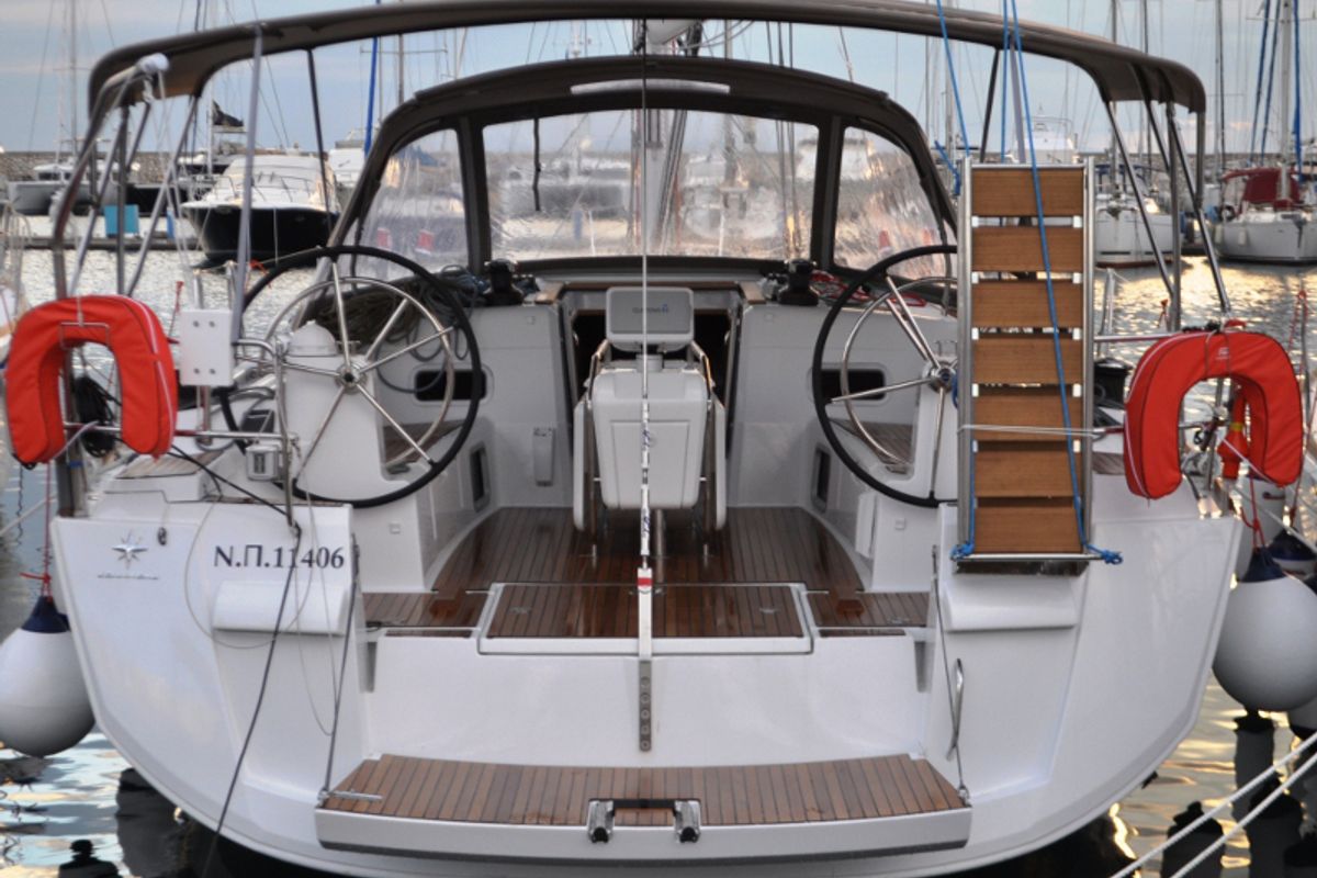 Cockpit of Ekaterina, a Jeanneau Sun Odyssey 519 sailboat at Marina Delta Kallithea, Greece