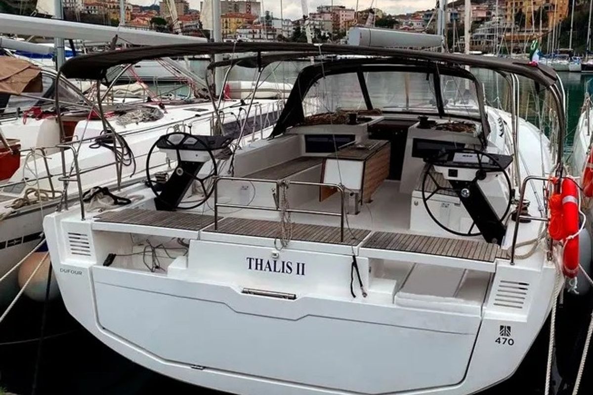 Exterior view of Thalis II, a Dufour 470 sailboat at Agropoli, Italy