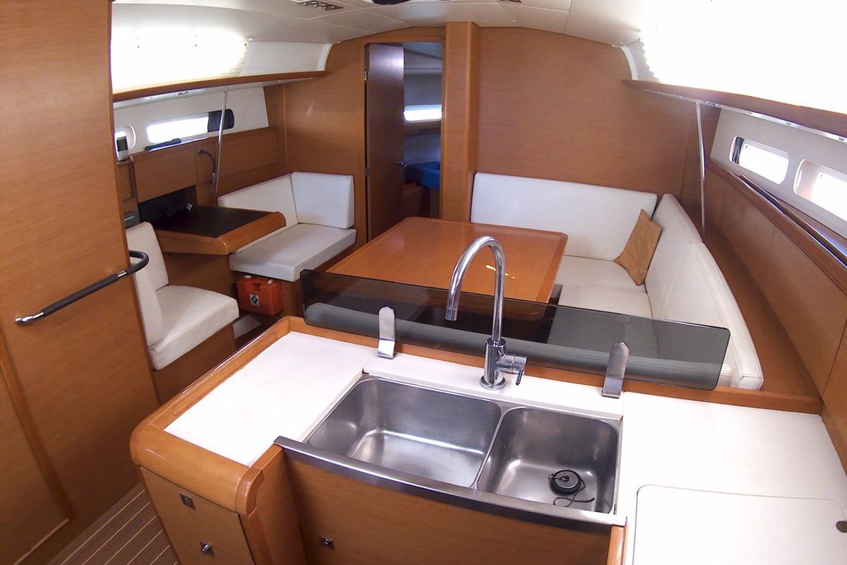 Galley of Traveller, a Jeanneau Sun Odyssey 409 sailboat at Kontokali, Greece