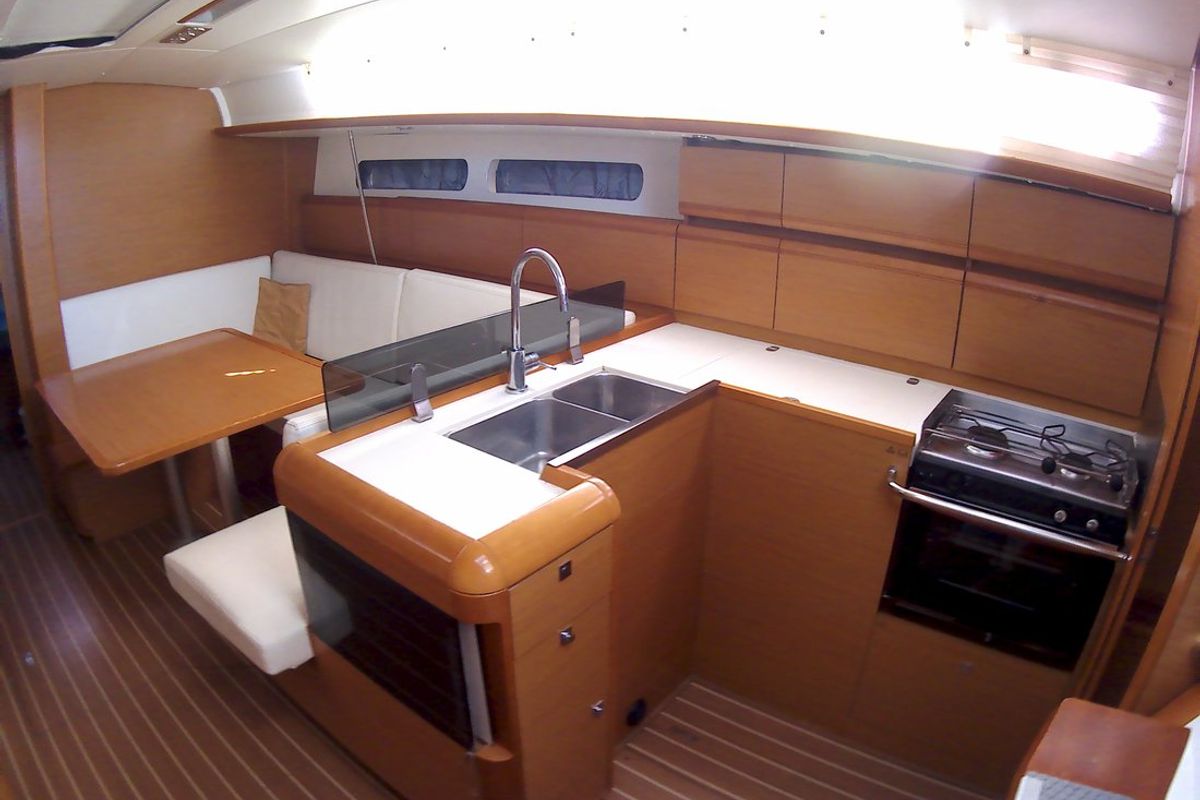 Galley of Traveller, a Jeanneau Sun Odyssey 409 sailboat at Kontokali, Greece