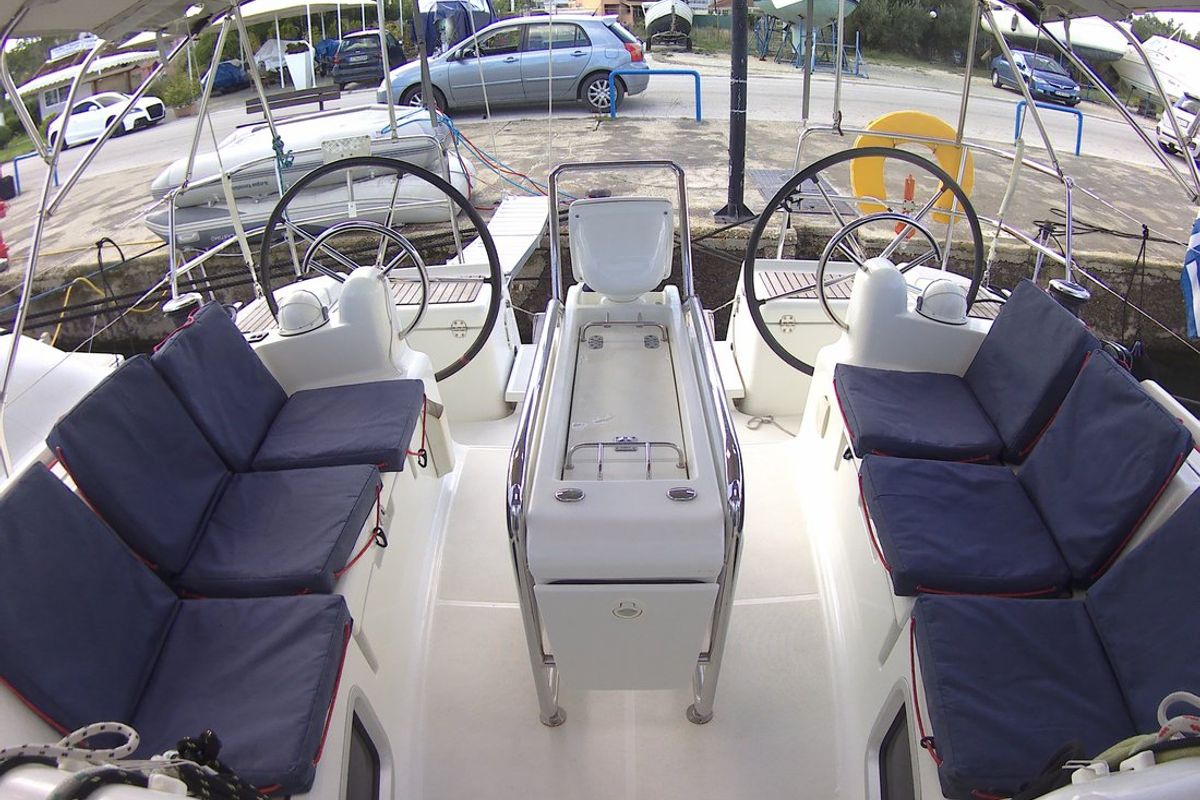 Deck of Traveller, a Jeanneau Sun Odyssey 409 sailboat at Kontokali, Greece