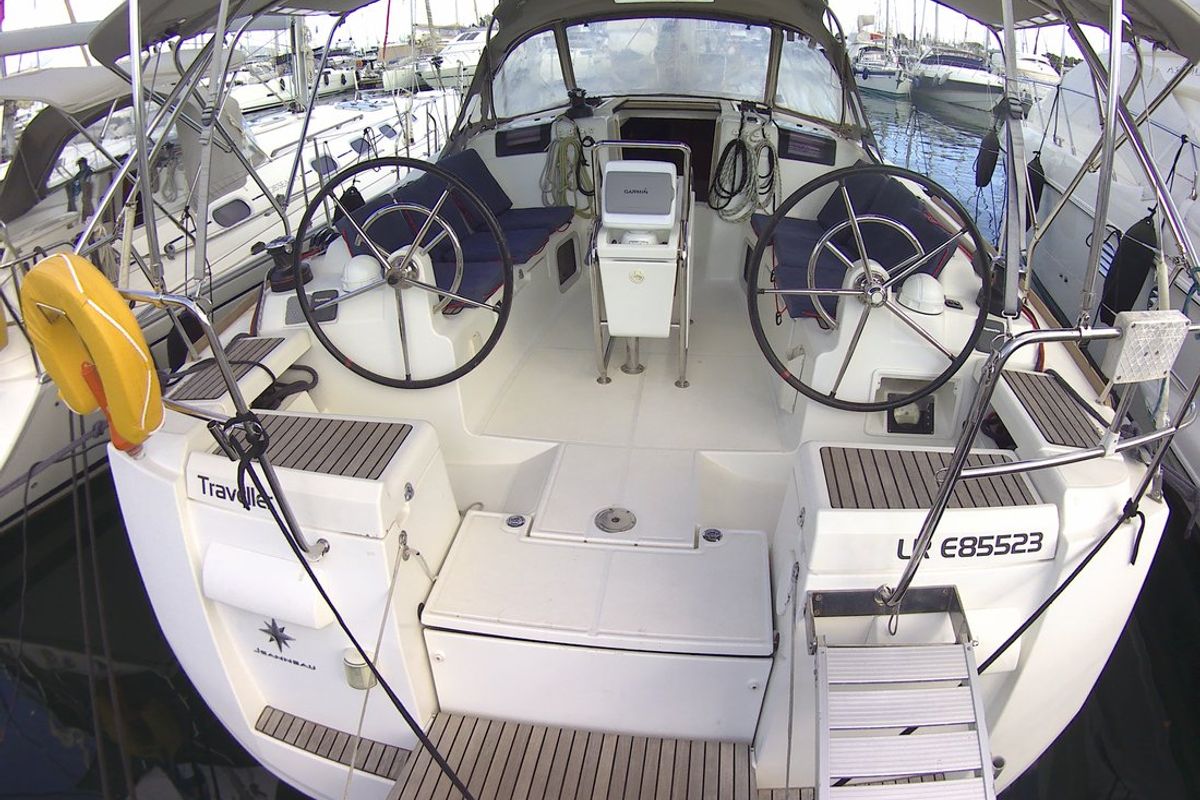 Cockpit of Traveller, a Jeanneau Sun Odyssey 409 sailboat at Kontokali, Greece