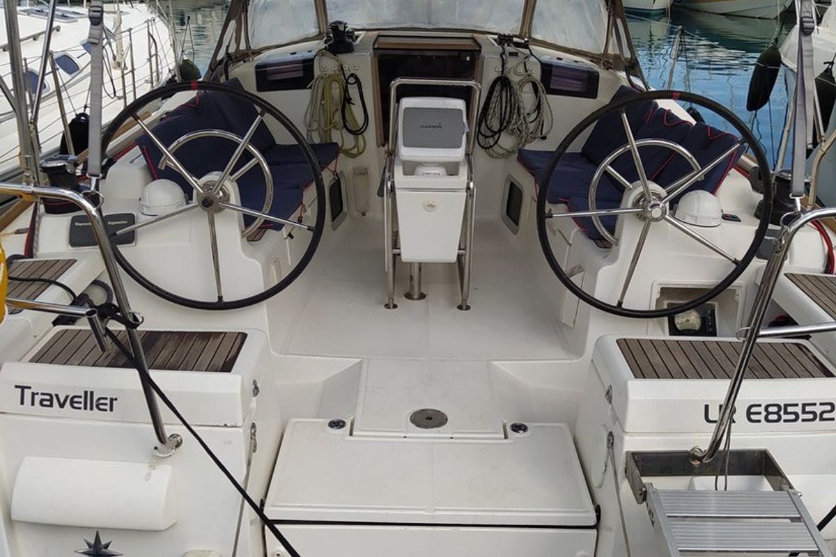Cockpit of Traveller, a Jeanneau Sun Odyssey 409 sailboat at Kontokali, Greece