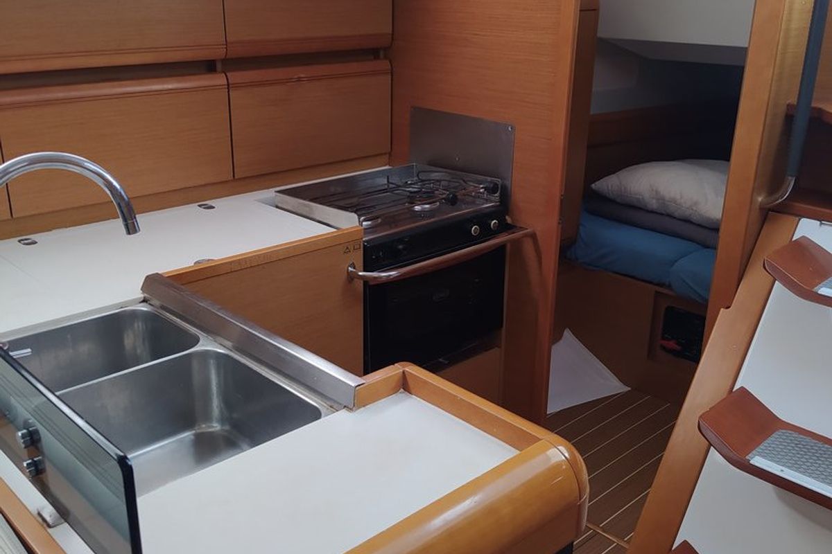 Galley of Traveller, a Jeanneau Sun Odyssey 409 sailboat at Kontokali, Greece