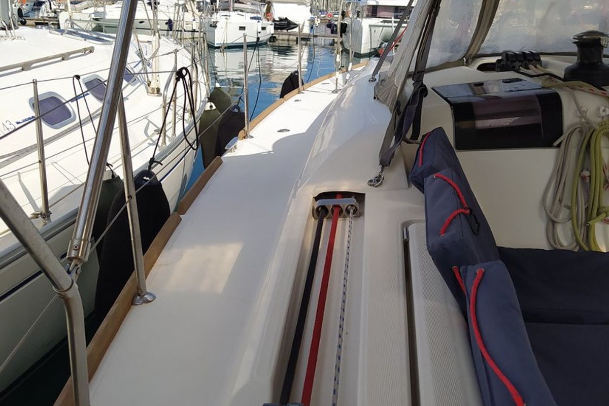 Deck of Traveller, a Jeanneau Sun Odyssey 409 sailboat at Kontokali, Greece