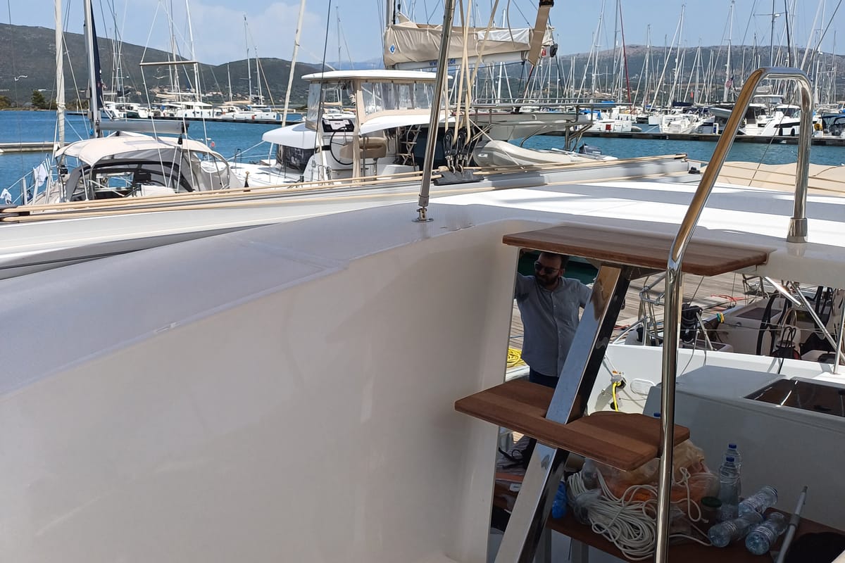 Deck of Nona, a Fountaine Pajot Isla 40 catamaran at Preveza, Greece