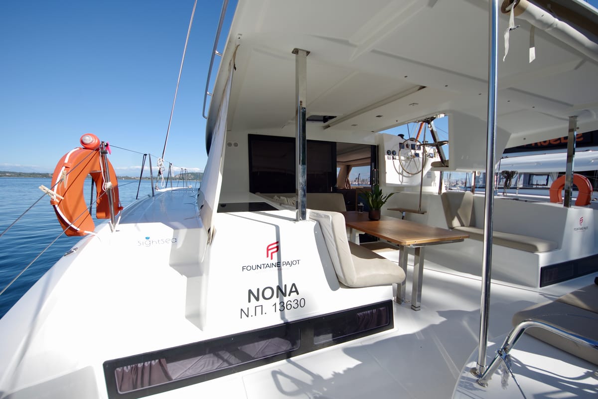 Deck of Nona, a Fountaine Pajot Isla 40 catamaran at Preveza, Greece