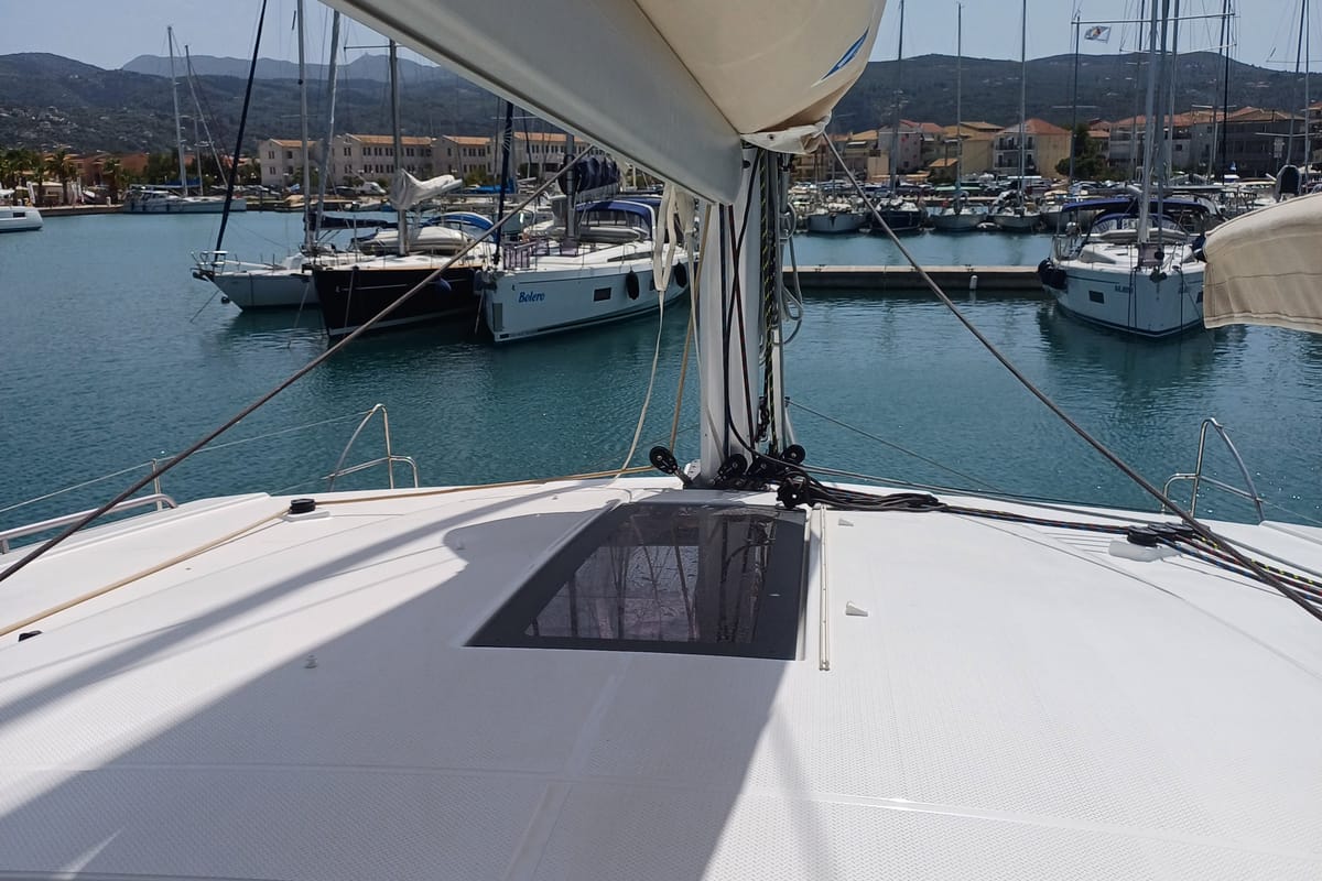 Deck of Nona, a Fountaine Pajot Isla 40 catamaran at Preveza, Greece