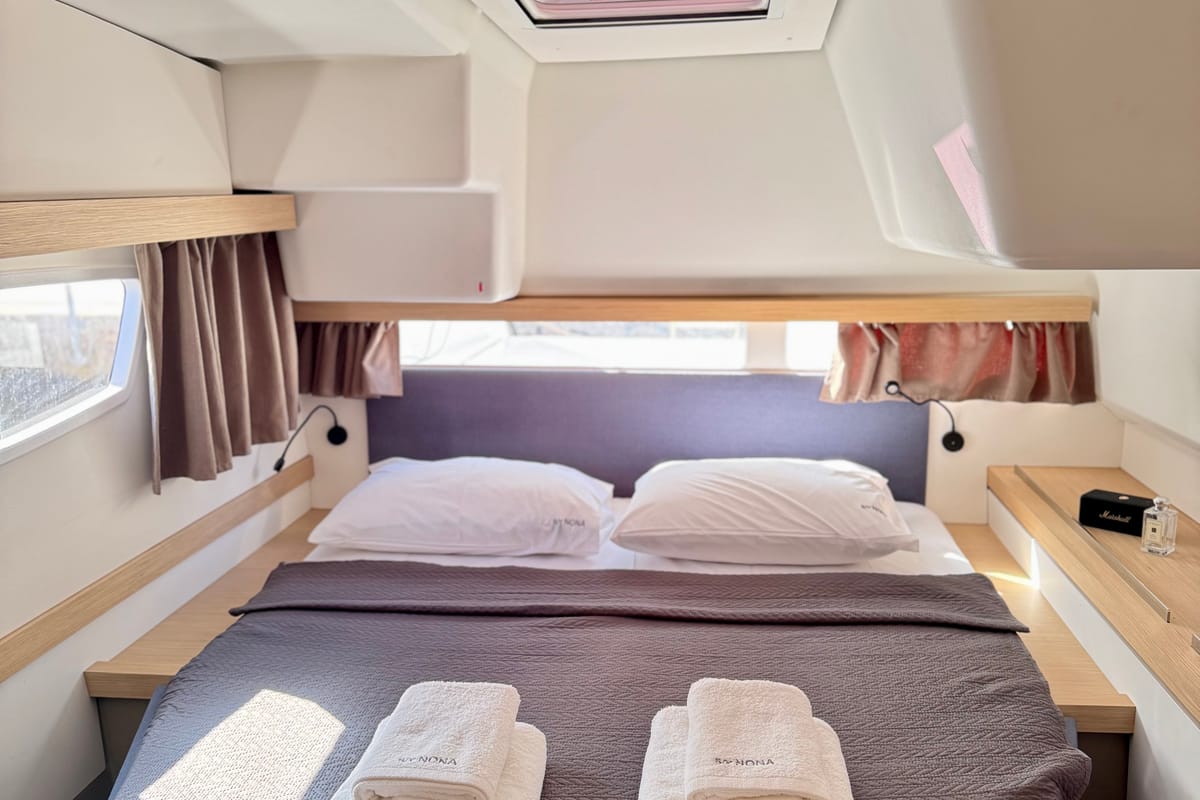 Cabin on Nona, a Fountaine Pajot Isla 40 catamaran at Preveza, Greece