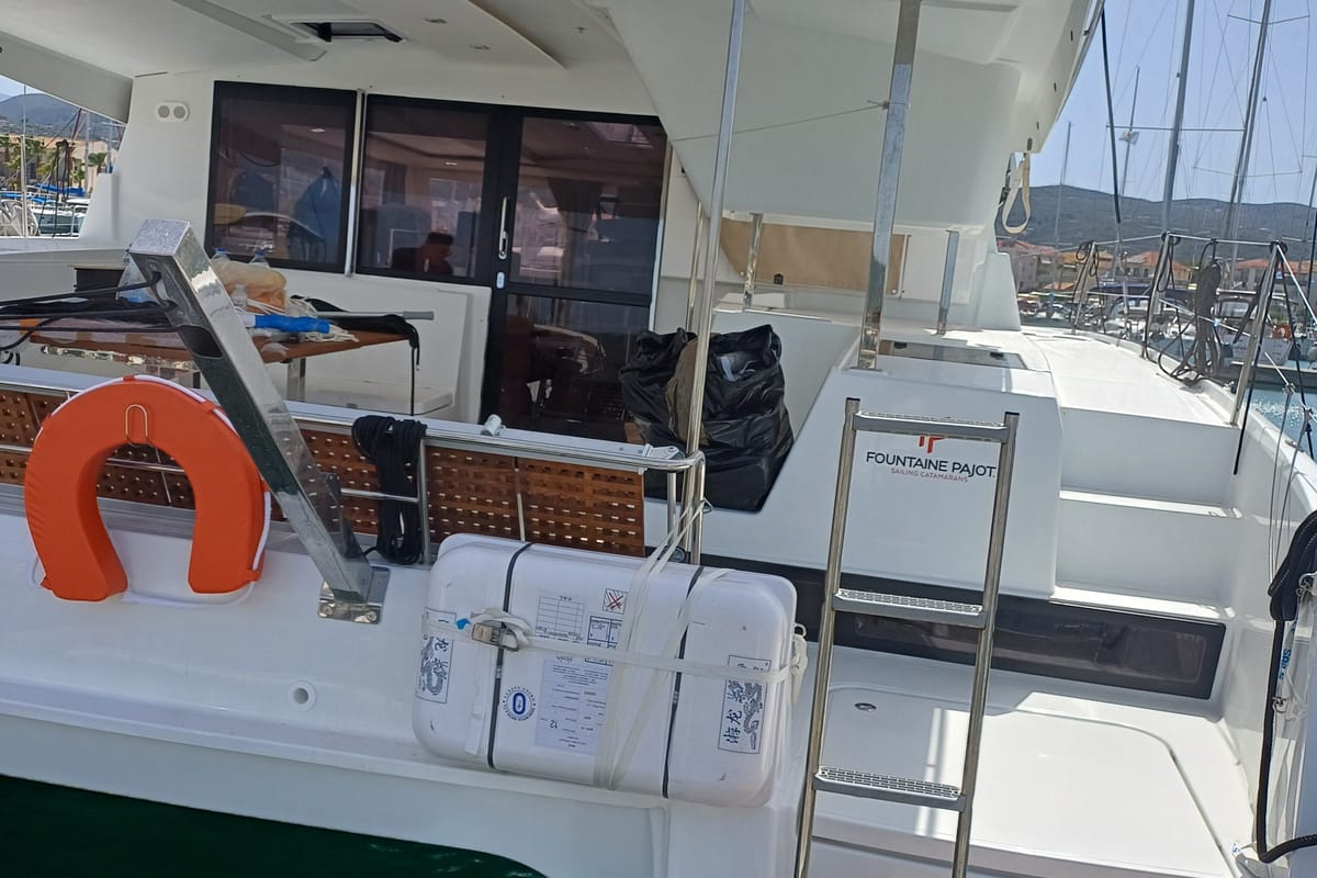 Deck of Nona, a Fountaine Pajot Isla 40 catamaran at Preveza, Greece