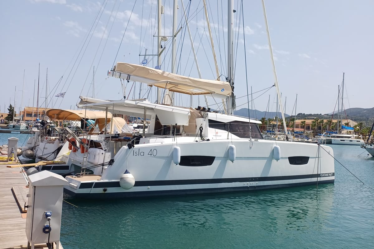 Exterior view of Nona, a Fountaine Pajot Isla 40 catamaran at Preveza, Greece
