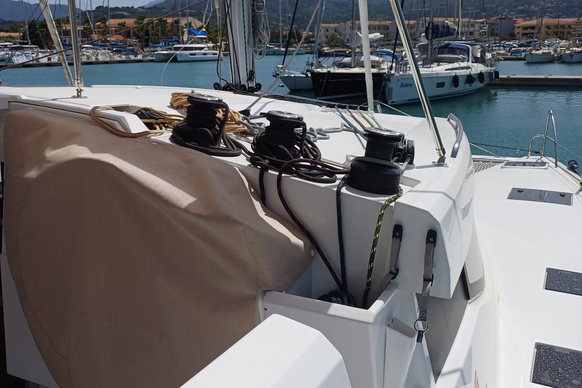 Deck of Nona, a Fountaine Pajot Isla 40 catamaran at Preveza, Greece