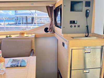 Cockpit of Nona, a Fountaine Pajot Isla 40 catamaran at Preveza, Greece