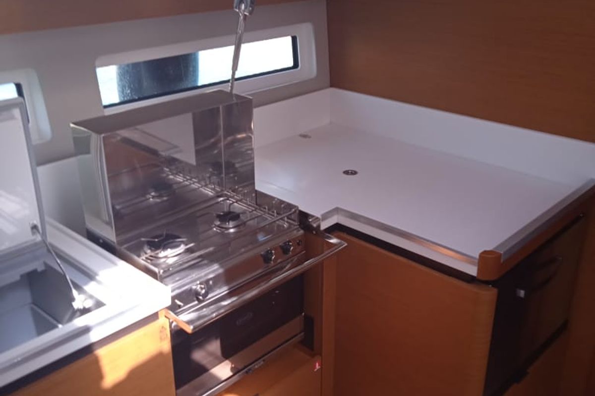 Galley of Anna smile, a Jeanneau Sun Odyssey 490 sailboat at Municipal Unit of Rhodes, Greece
