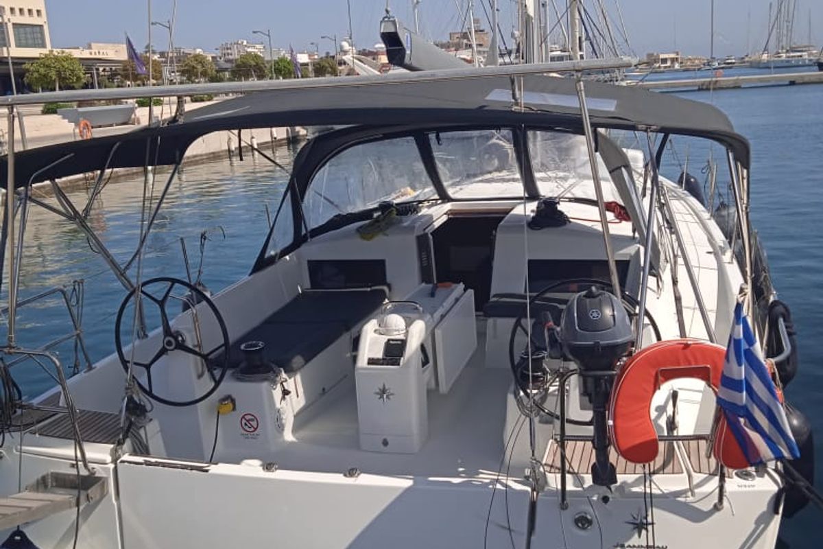 Cockpit of Anna smile, a Jeanneau Sun Odyssey 490 sailboat at Municipal Unit of Rhodes, Greece