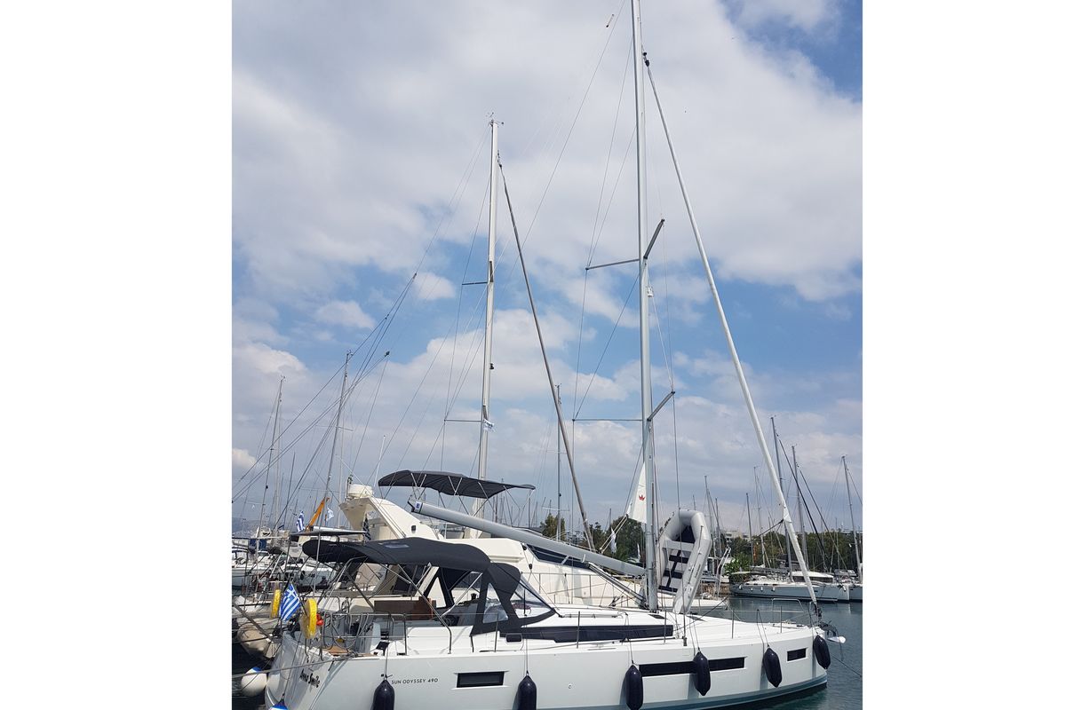 Exterior view of Anna smile, a Jeanneau Sun Odyssey 490 sailboat at Municipal Unit of Rhodes, Greece