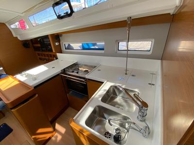 Galley of McLir II, a Jeanneau Sun Odyssey 440 sailboat at Nettuno, Italy