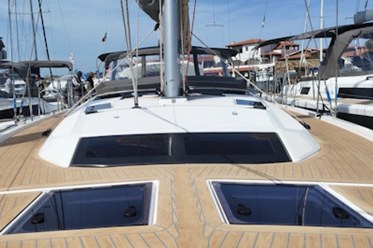 Deck of Euphoria, a Dufour 470 sailboat at Olbia, Italy
