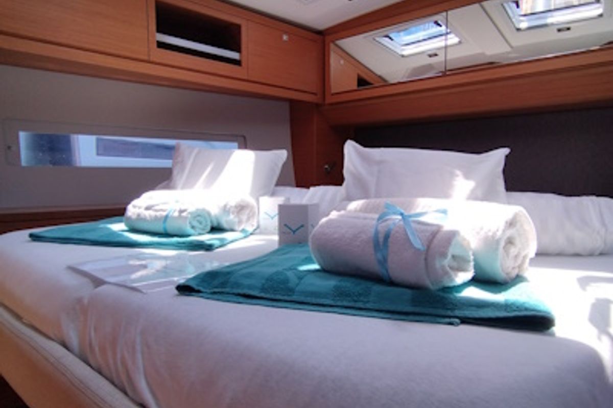 Cabin on Euphoria, a Dufour 470 sailboat at Olbia, Italy