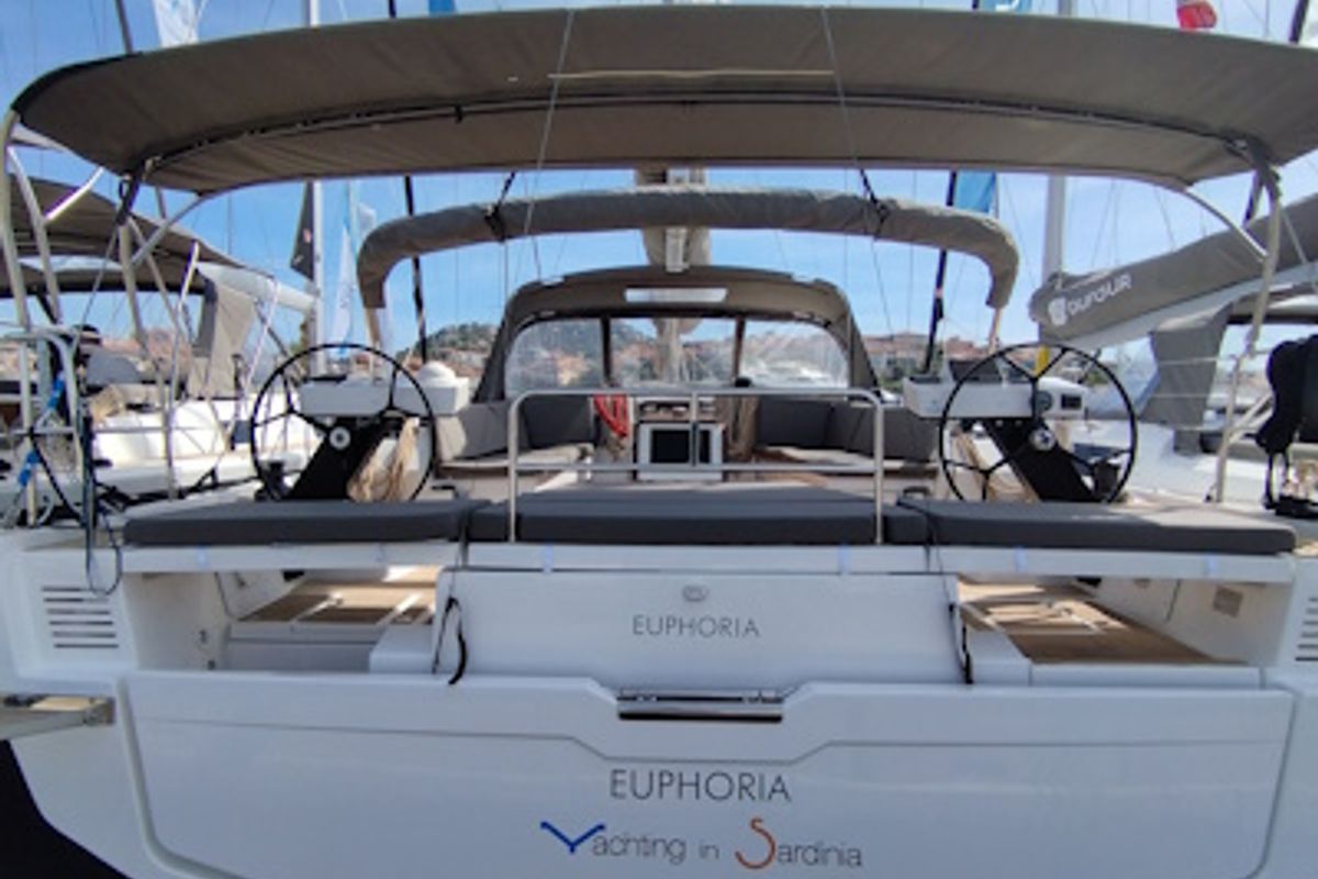 Cockpit of Euphoria, a Dufour 470 sailboat at Olbia, Italy