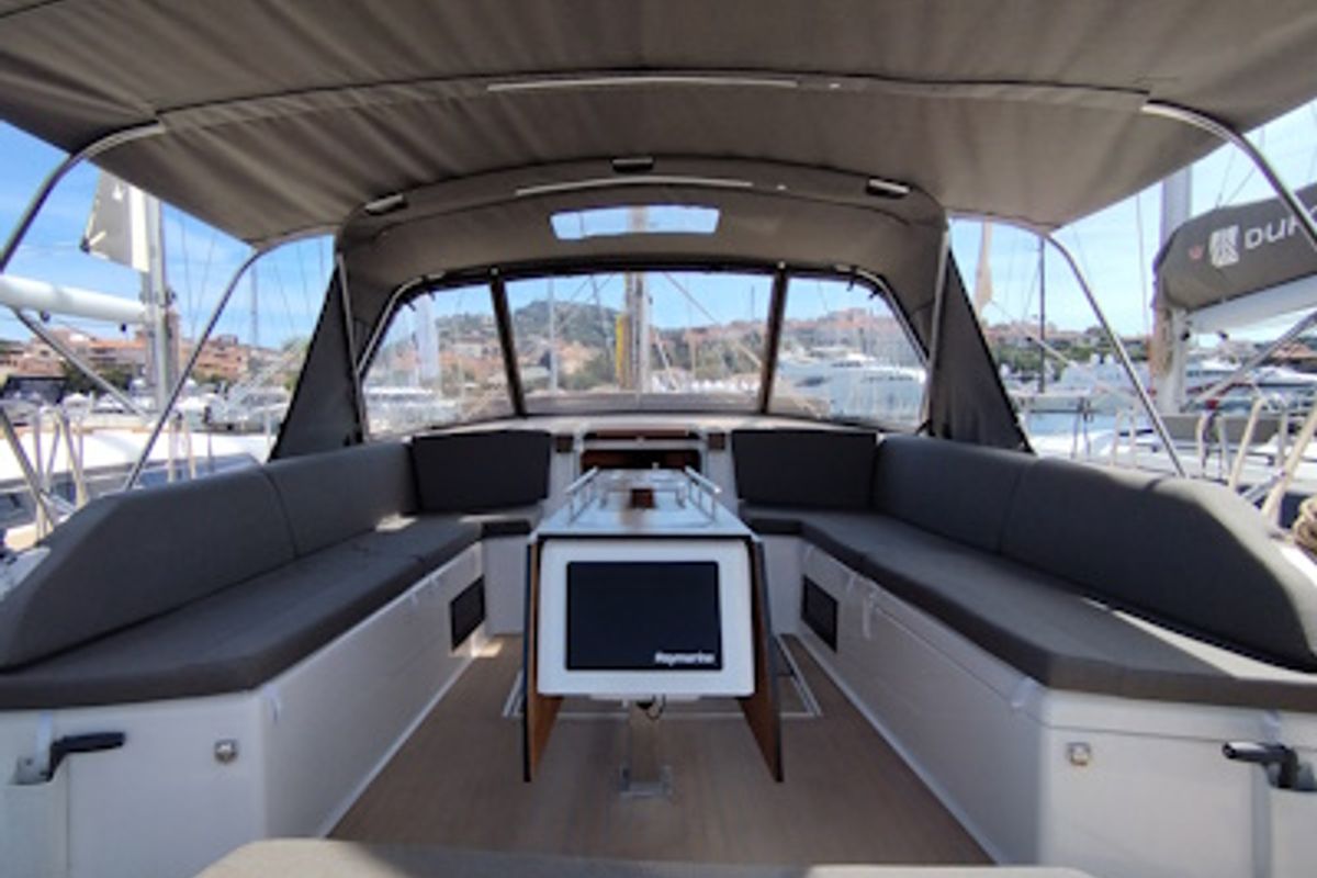 Cockpit of Euphoria, a Dufour 470 sailboat at Olbia, Italy
