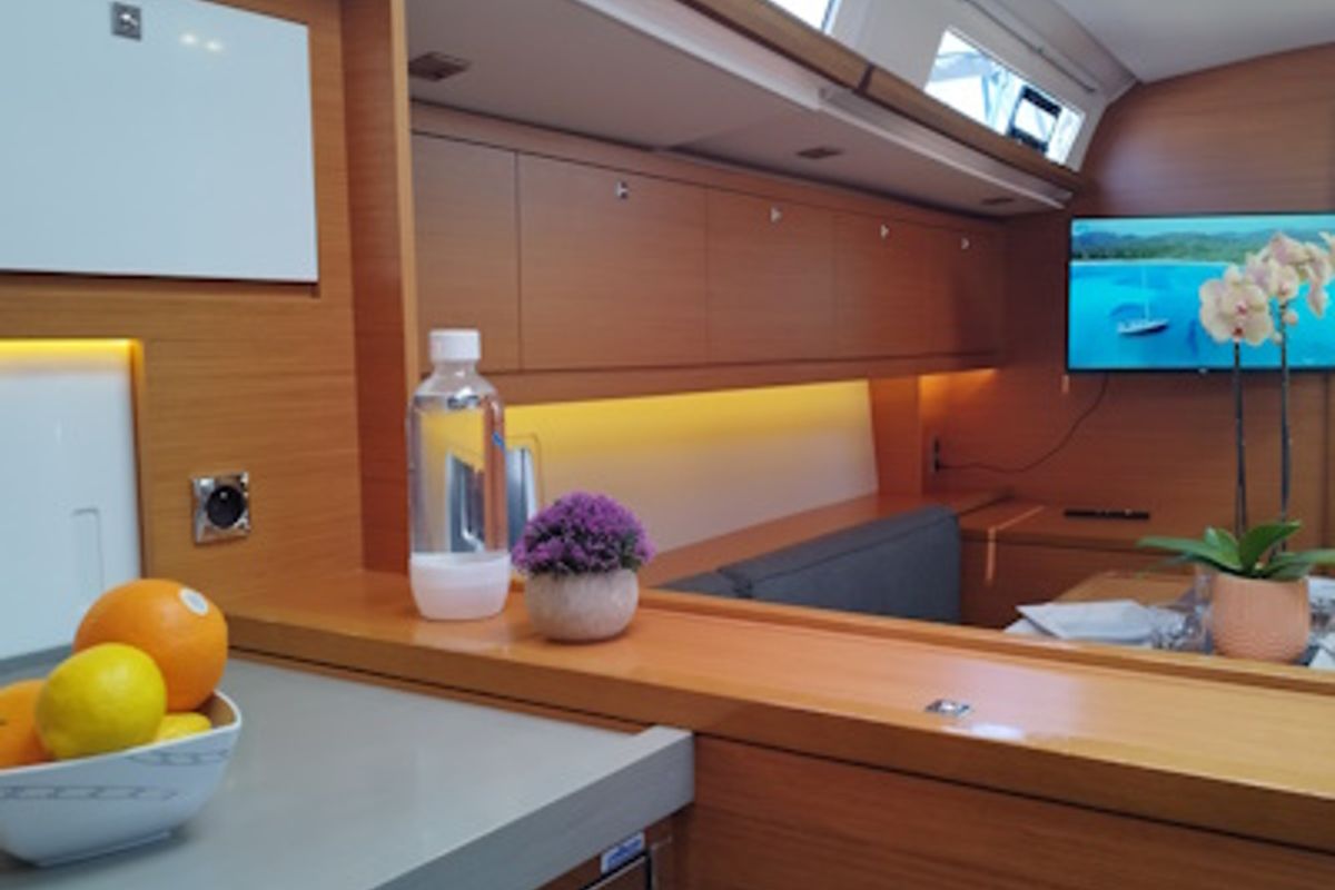 Salon of Euphoria, a Dufour 470 sailboat at Olbia, Italy