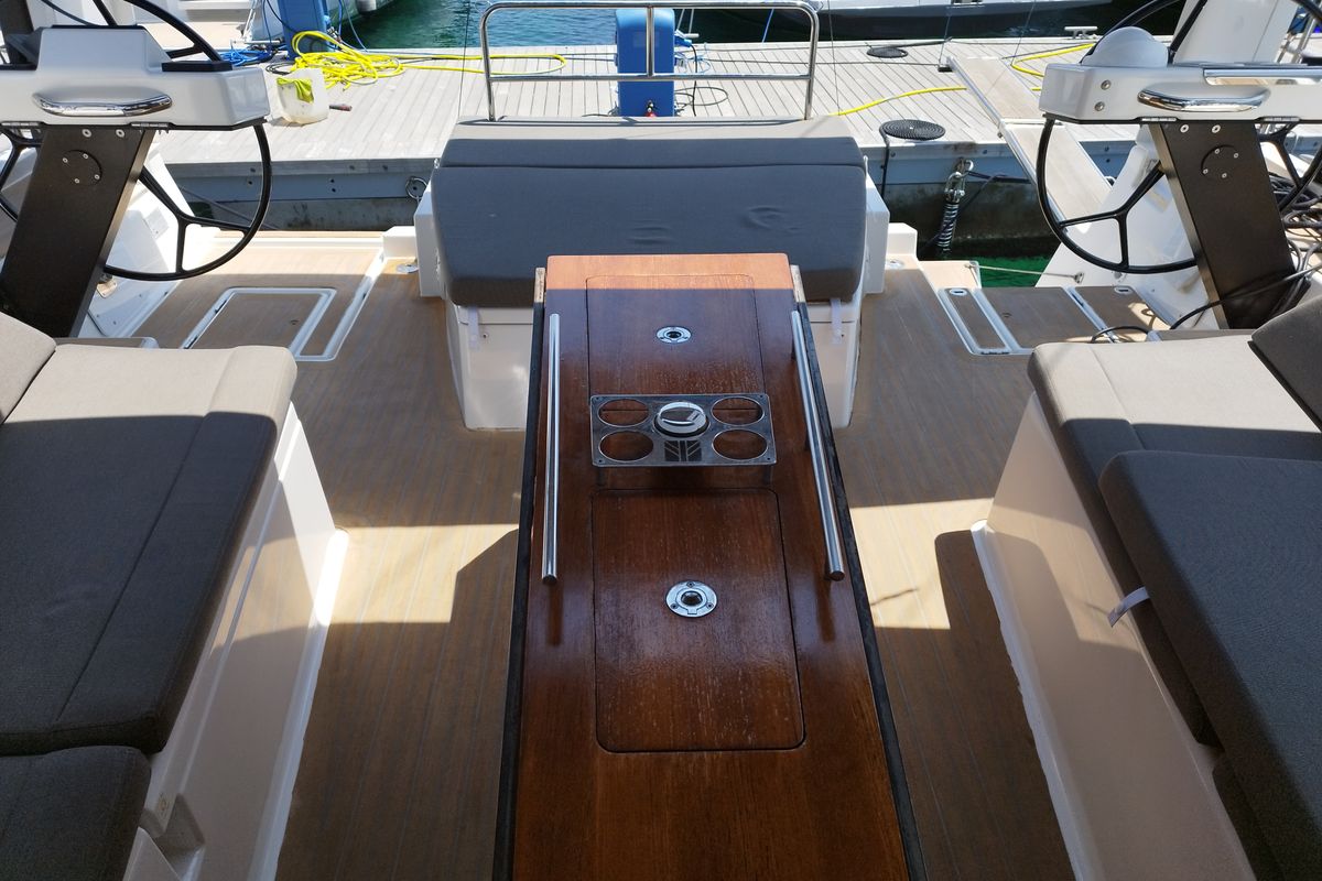Cockpit of Euphoria, a Dufour 470 sailboat at Olbia, Italy