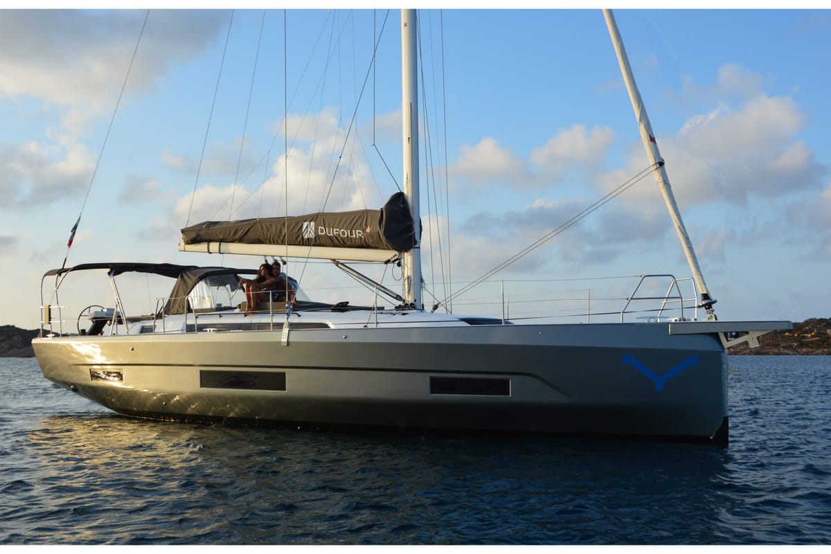 Exterior view of Euphoria, a Dufour 470 sailboat at Olbia, Italy