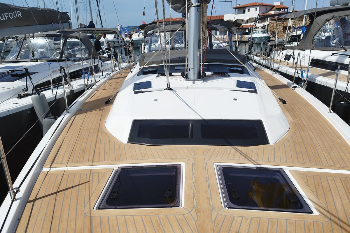 Deck of Euphoria, a Dufour 470 sailboat at Olbia, Italy
