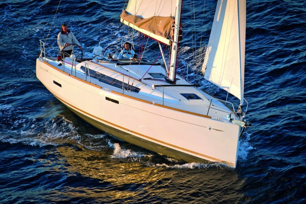 Exterior view of Sun Elli, a Jeanneau Sun Odyssey 389 sailboat at Kontokali, Greece