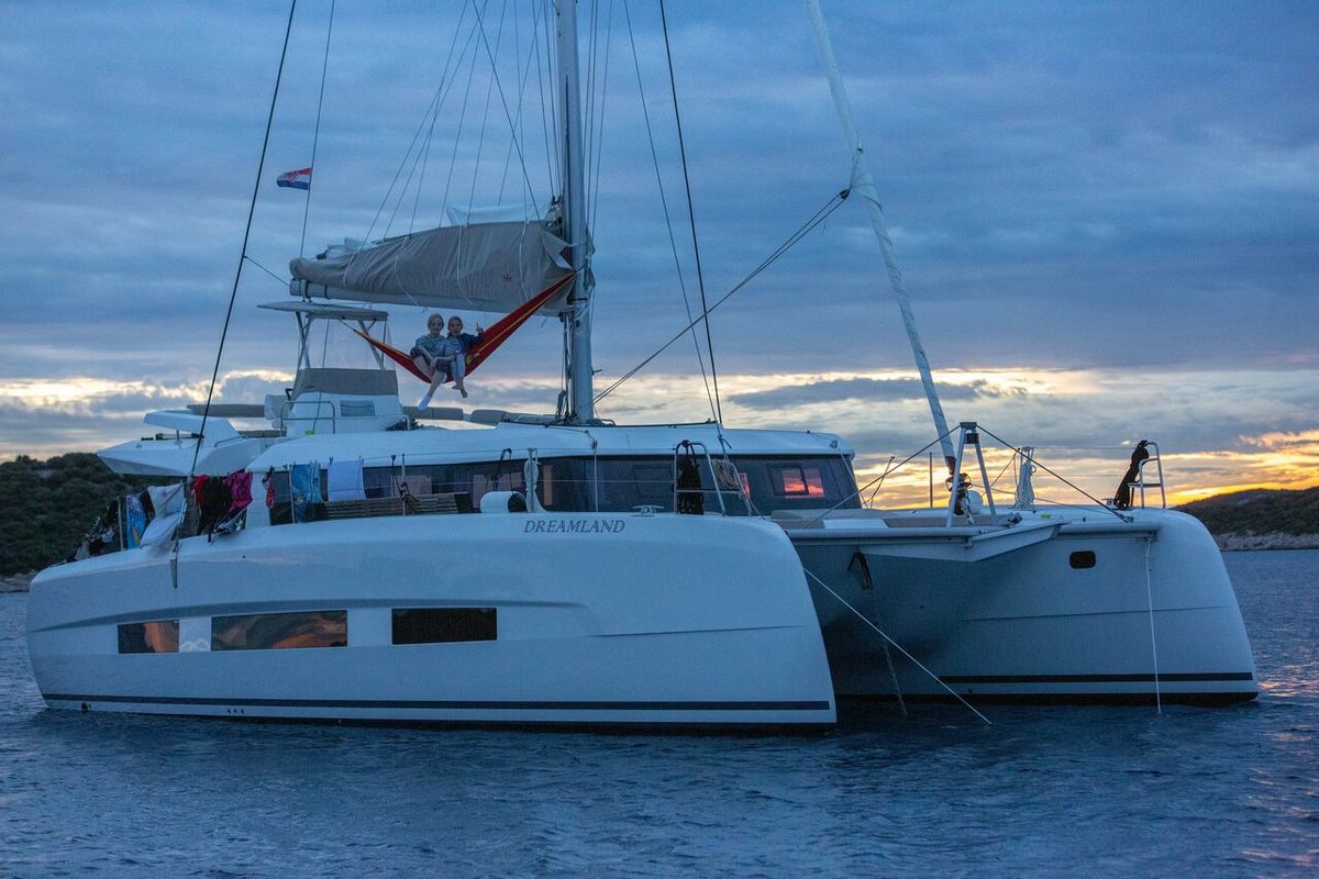 Exterior view of Seaven, a Dufour 48 Catamaran catamaran at Grad Kaštela, Croatia