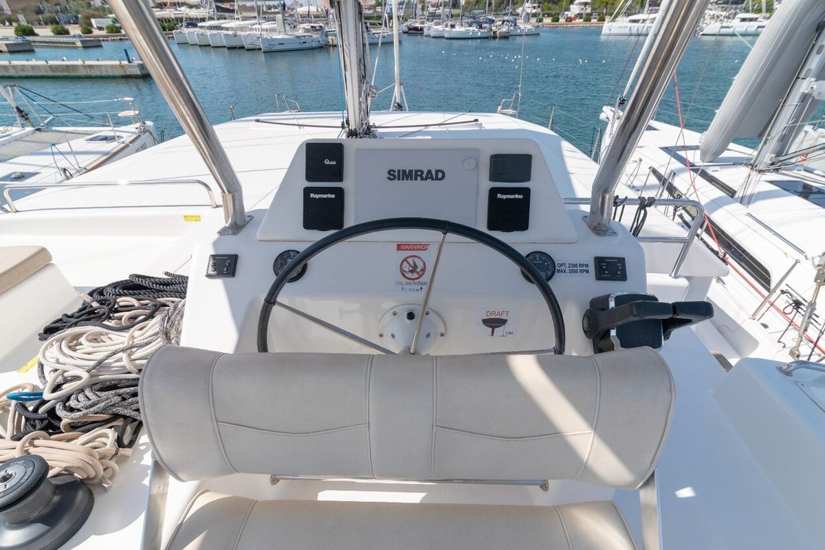 Cockpit of Seaven, a Dufour 48 Catamaran catamaran at Grad Kaštela, Croatia