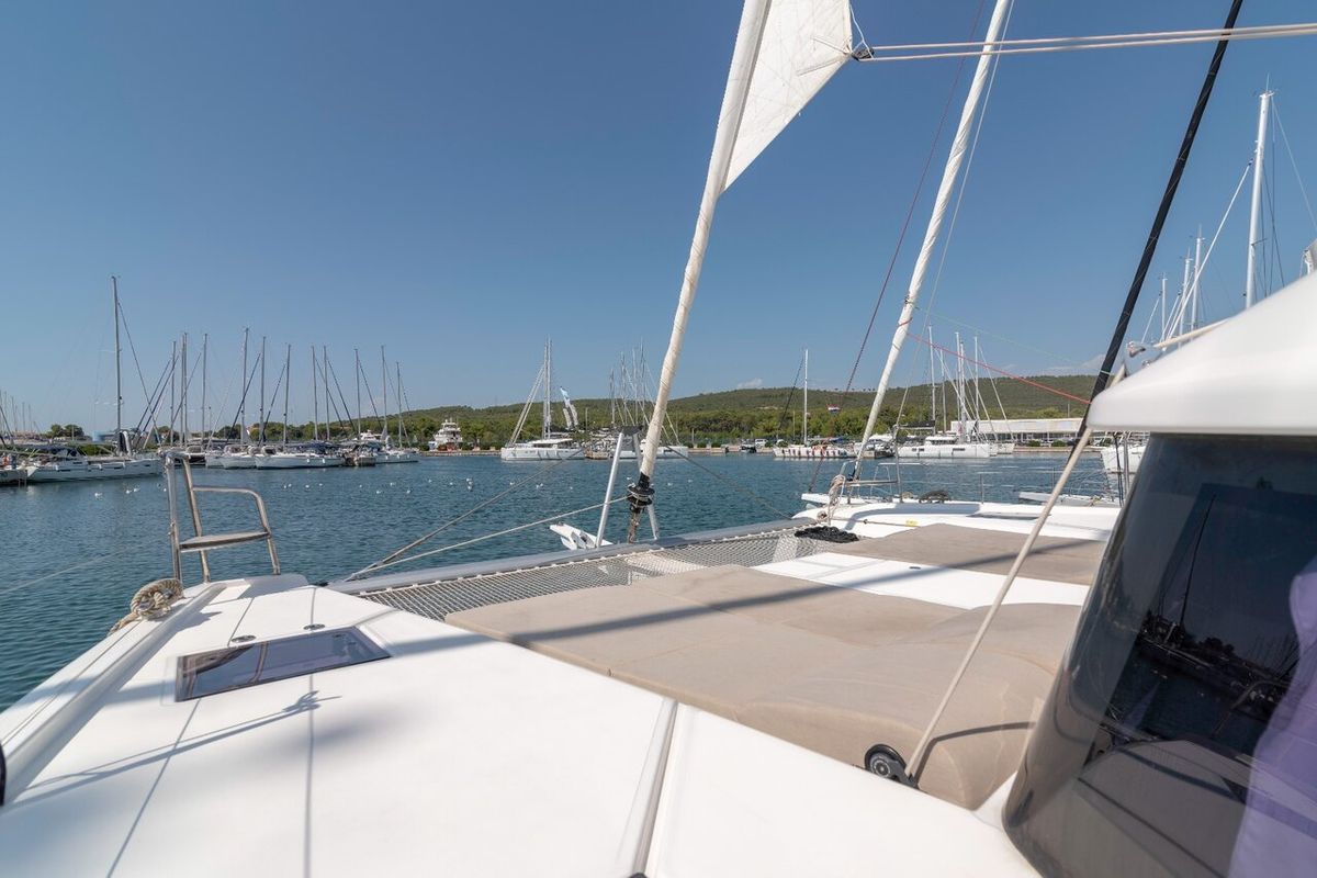Deck of Seaven, a Dufour 48 Catamaran catamaran at Grad Kaštela, Croatia