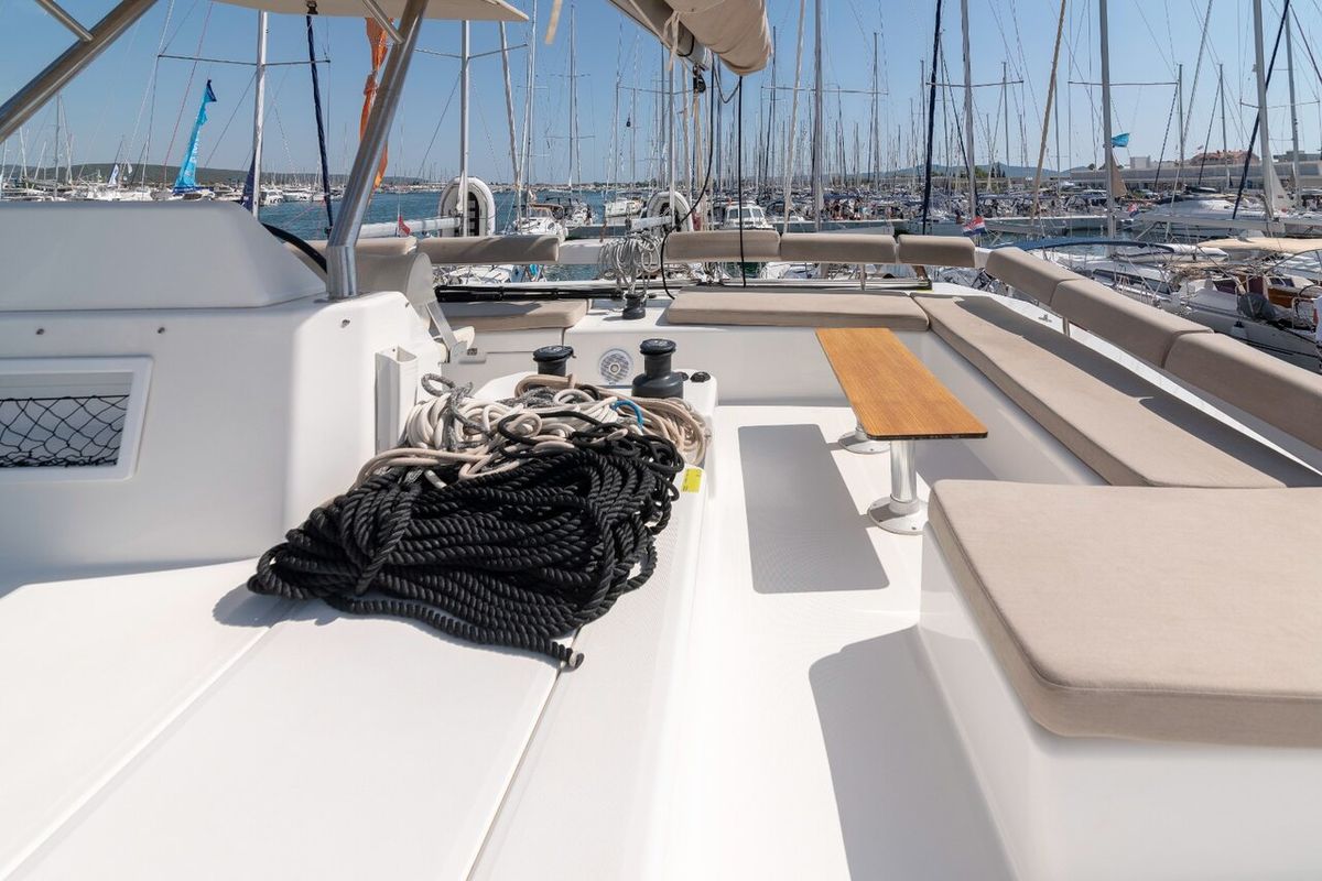 Deck of Seaven, a Dufour 48 Catamaran catamaran at Grad Kaštela, Croatia