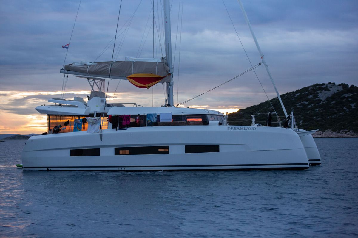 Exterior view of Seaven, a Dufour 48 Catamaran catamaran at Grad Kaštela, Croatia