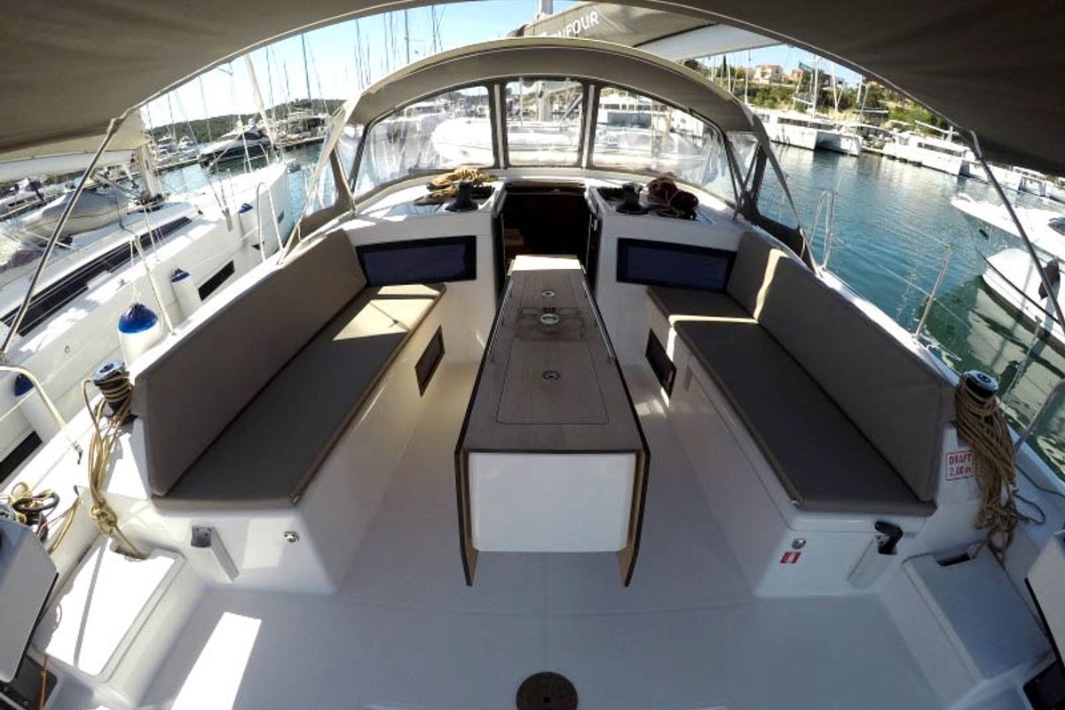 Deck of Alibaba, a Dufour 470 sailboat at Grad Šibenik, Croatia