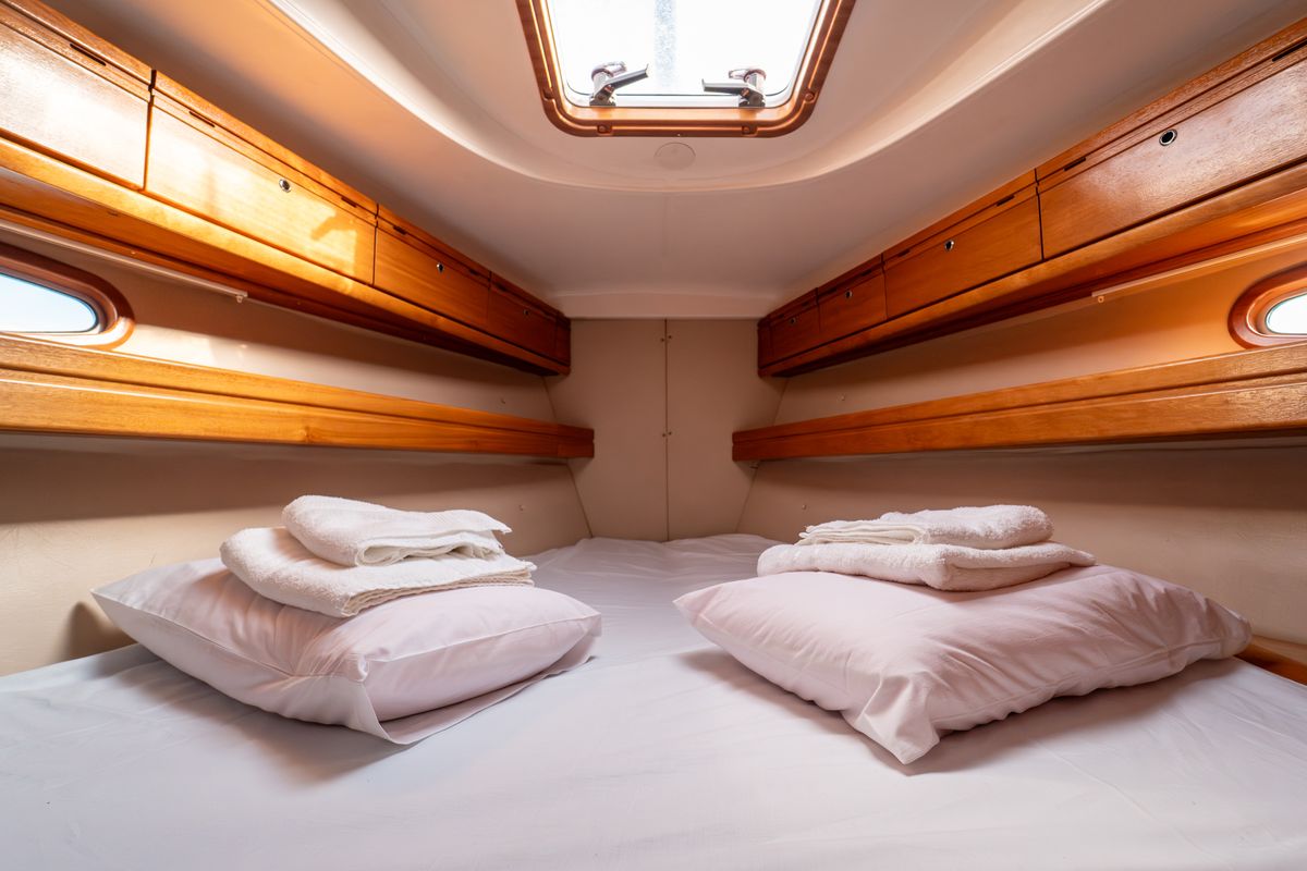 Cabin on Okeanos, a Bavaria 39 Cruiser sailboat at Kavala, Greece