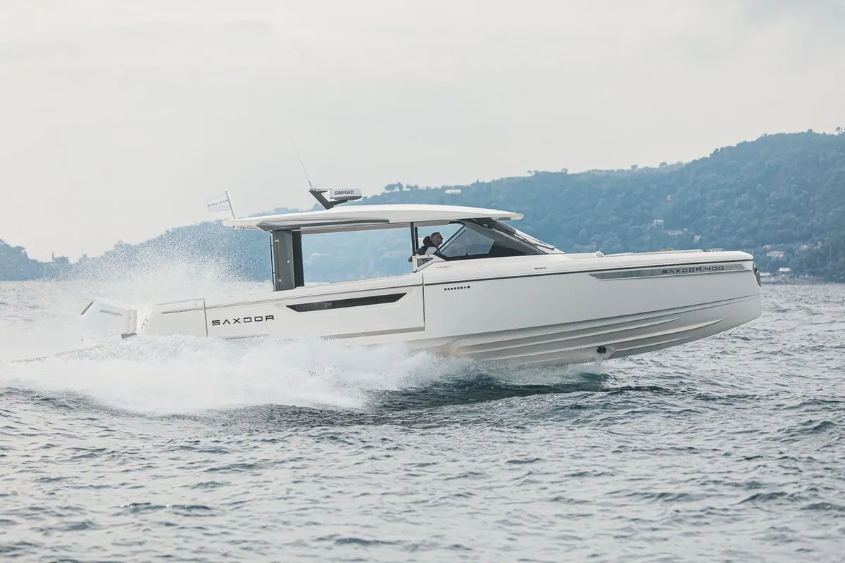 Exterior view of Blade, a Saxdor Yachts Saxdor 400 GTO motorboat at Općina Sukošan, Croatia