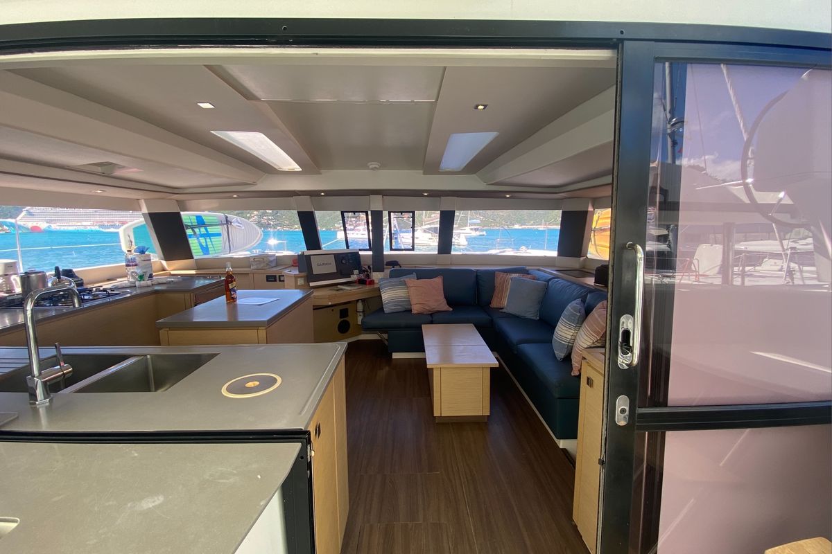 Salon of Canis Majoris, a Fountaine Pajot Saba 50 catamaran at Road Town, British Virgin Islands