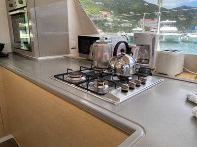 Galley of Canis Majoris, a Fountaine Pajot Saba 50 catamaran at Road Town, British Virgin Islands