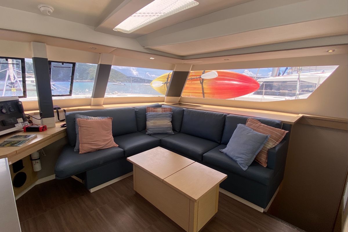 Salon of Canis Majoris, a Fountaine Pajot Saba 50 catamaran at Road Town, British Virgin Islands