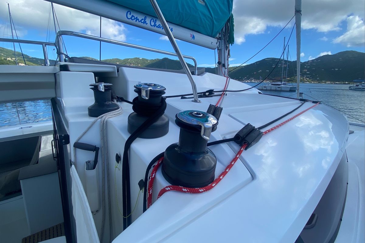 Deck of Canis Majoris, a Fountaine Pajot Saba 50 catamaran at Road Town, British Virgin Islands