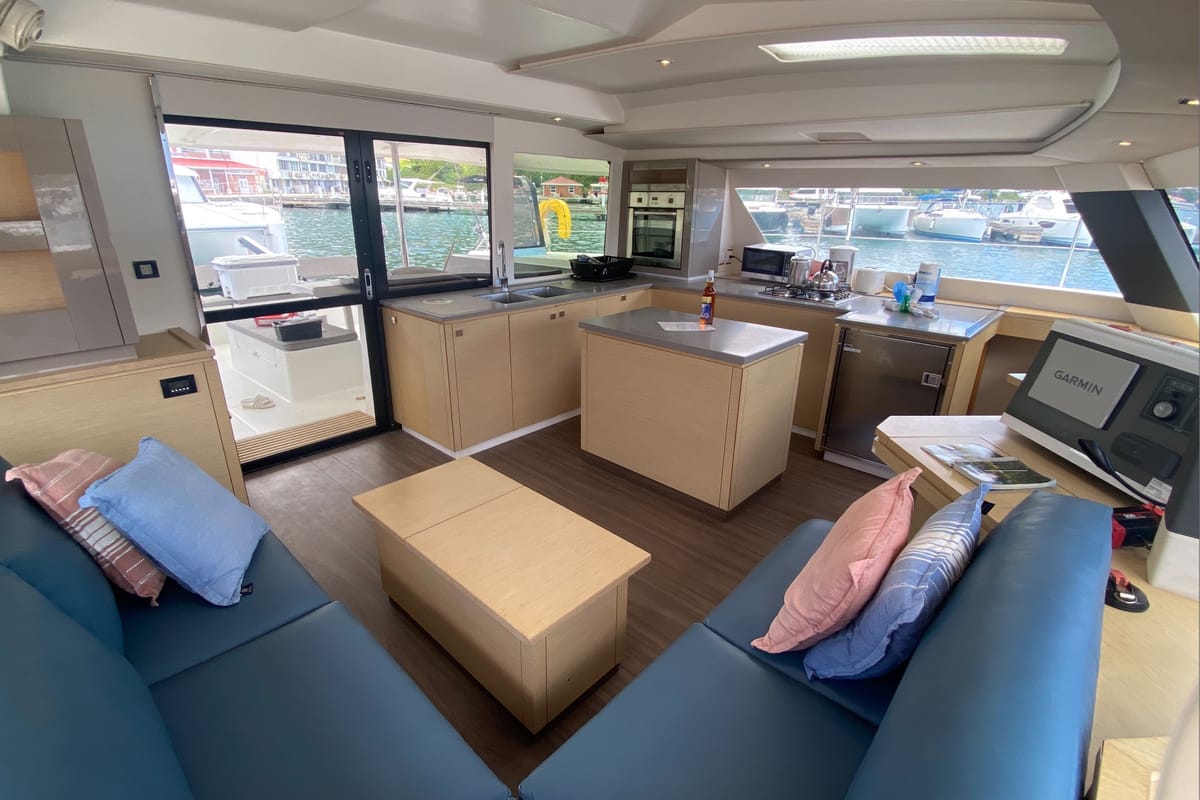 Salon of Canis Majoris, a Fountaine Pajot Saba 50 catamaran at Road Town, British Virgin Islands